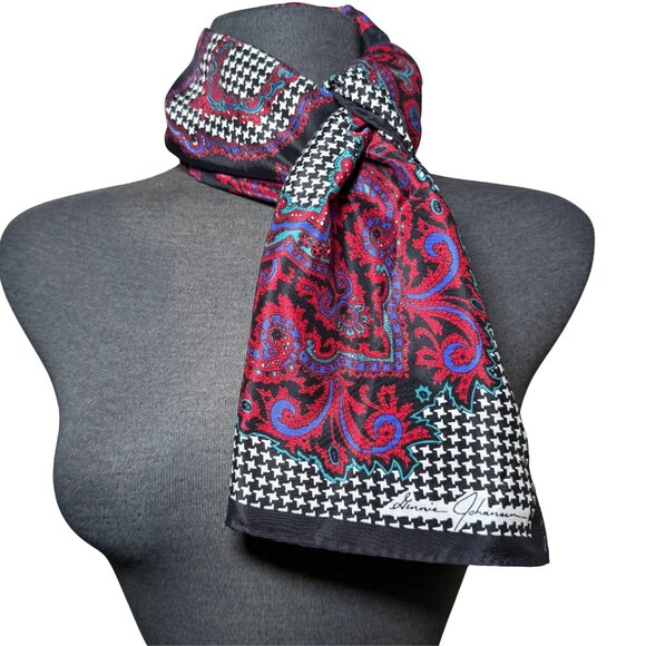 Ginnie Johansen Paisley Silk Scarf Blue Maroon Green Blue Houndstooth 34" - Picture 1 of 5